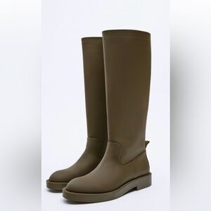Zara khaki Brown Rubberish Flat Knee High Boots